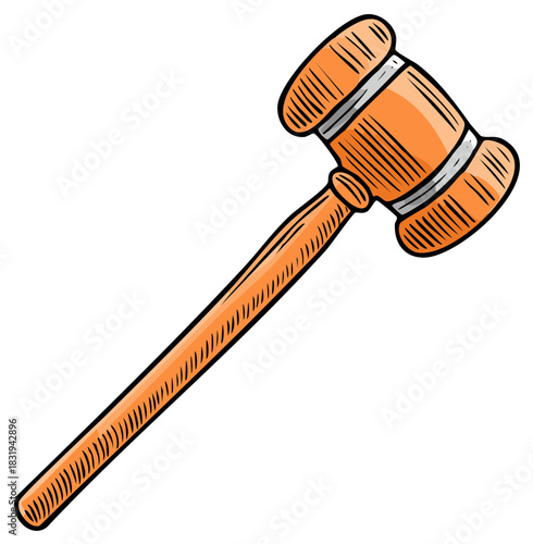Hand drawn wooden judge's gavel illustration in a cartoon style for law and justice concepts