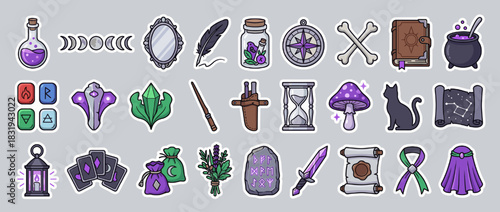 Magic and witchcraft icons set. containing potion, moon, mirror, feather, compass, bone, book, cauldron, and more. Vector collection