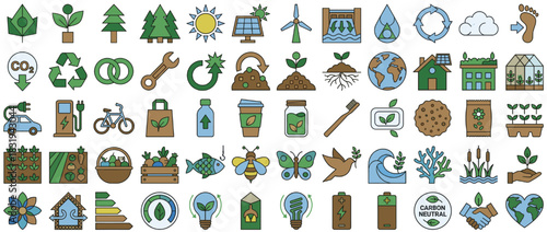 Environmental and ecological icons set. containing tree, plant, recycle, solar, wind, water, earth, bicycle, and more. Vector collection