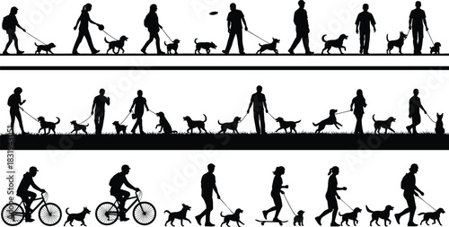 Dog walking silhouette, outdoor activity illustration, people with pets, biking, skateboarding, companionship, exercise, black vector graphic, leash scenes
