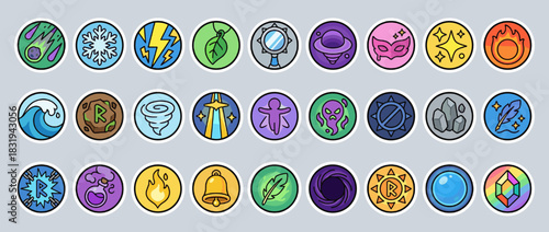 Magic and nature icons set. containing comet, snowflake, lightning, leaf, planet, mask, gem, flame, wave, and more. Vector collection