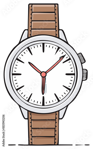 Detailed hand-drawn cartoon illustration of a classic analog wristwatch