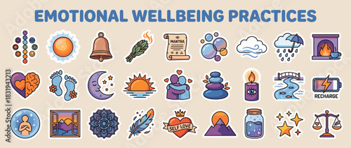 Emotional wellbeing icon set. containing meditation, mindfulness, self-care, relaxation, harmony, balance, peacefulness, and more. Vector collection