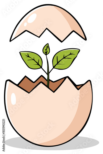 Cartoon illustration of eggshell with growing plant, symbol of new life