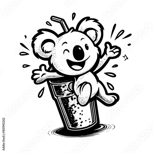 Koala cartoon holds beverage in glass with straw and splashes vector art