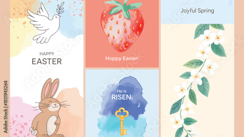 Collection of easter themed illustrations featuring a dove bunny strawberry blooming flowers and religious symbols