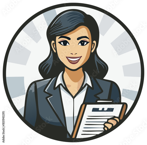 Smiling Cartoon Businesswoman Holding Clipboard Ready to Take Notes or Give Instructions