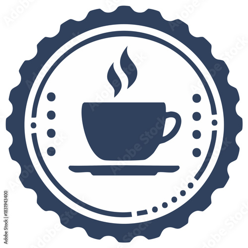 Hot coffee cup with steaming beverage in a decorative circular badge icon design
