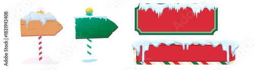 PNG image of Festive winter signs with snow and candy cane poles for holiday decorations and seasonal messages perfect for christmas and new year designs and promotions on transparent background