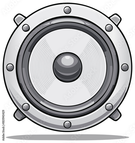 Gray and white illustration of a vintage audio speaker, audio equipment, musical device and tech speaker