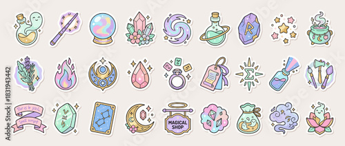 Mystical and magical icon set. includes potion, crystal, rune, star, moon, tarot, spellbook, wand, astrology, cauldron. Vector collection