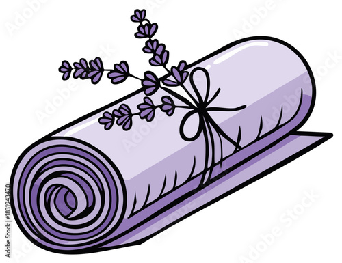 Rolled lilac towel with lavender flower accent for spa or aromatherapy session calm and relaxation