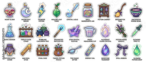 Magic icon set. containing potion, crystal, wand, cauldron, elixir, spell, herb, flask, vial, teardrop, ladle. Vector collection