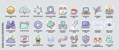 Productivity and creativity icons set. includes orb, cloud, gems, spark, coffee, computer, aura, sprite, charm. Vector collection