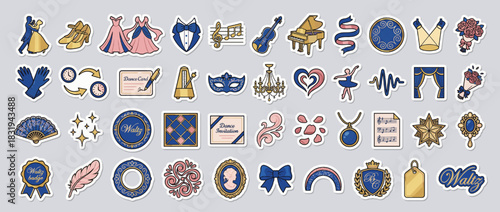 Ballroom dance icons set. containing waltz, shoes, dress, music, violin, mask, heart, rose, gloves, invitation, fan. Vector collection