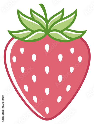 Single red strawberry fruit with green leaves, white seeds, and an illustrative design for Summer