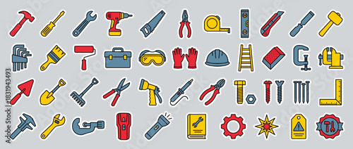Construction tools icon set. contains wrench, hammer, drill, saw, helmet, pliers, screwdriver, toolbox, ladder, tape, safety. Vector collection