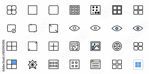 Depicts a collection of various user interface icons including grid layouts, eye symbols, and square shapes