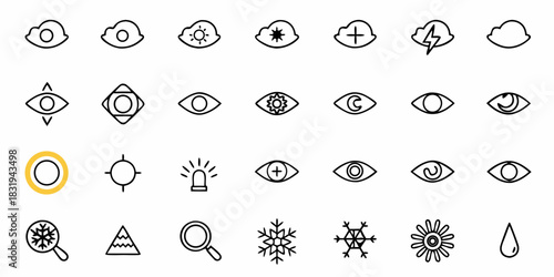Collection of various cloud eye target snowflake and other assorted design elements icons in black and white