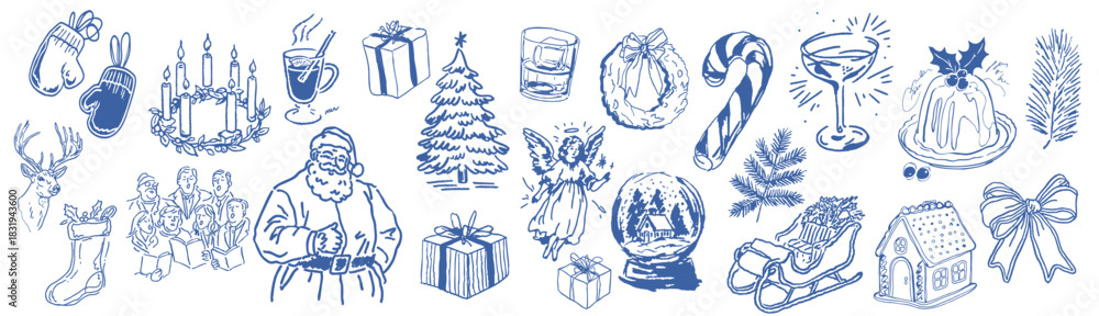 Fototapeta premium Christmas doodle sketch elements featuring festive icons, winter symbols, holiday decorations and seasonal illustrations