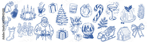 Christmas doodle sketch elements featuring festive icons, winter symbols, holiday decorations and seasonal illustrations