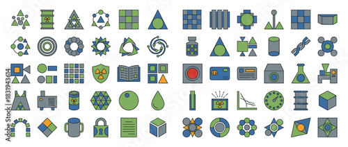 Science and technology icons set. containing atom, flask, molecule, dna, experiment, lab, circuit, gear, chemistry, and more. Vector collection