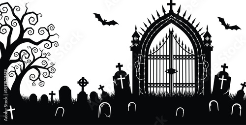 Spooky Halloween Cemetery Silhouette, Gothic Graveyard Gate with Bats, Twisted Bare Tree, and Tombstones in Black and White, Horror Holiday Background Scene