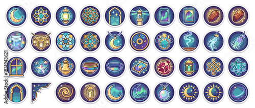 Islamic and celestial icon set. includes moon, mosque, lantern, prayer, crescent, star, and more. Vector collection