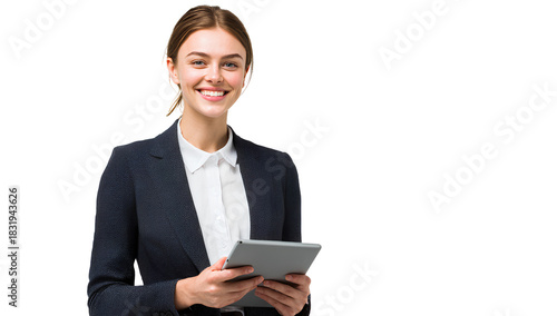 Young professional businesswoman with digital tablet smiling against transparent background looking at camera