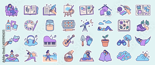Hobby and leisure icon set. contains reading, painting, gardening, knitting, yoga, music, hiking, relaxing, and more. Vector collection