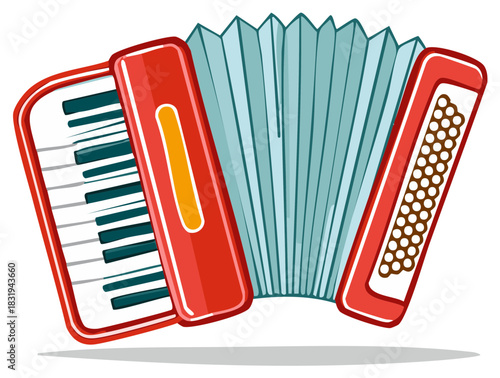 Cartoon illustration of a red and blue accordion musical instrument