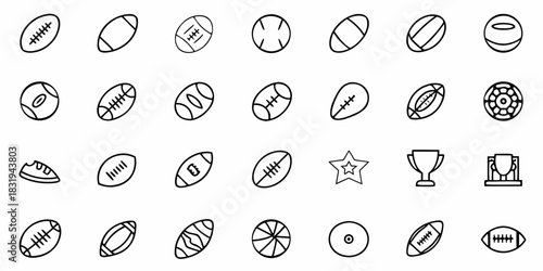 Illustration of various sports related icons including footballs, trophies, a star and a shoe icon