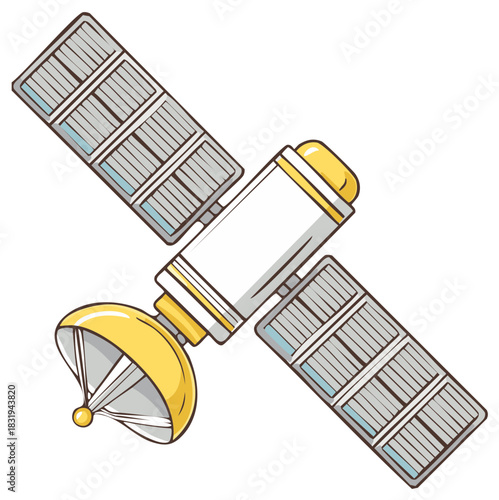 Cartoon satellite with solar panels and dish in outer space