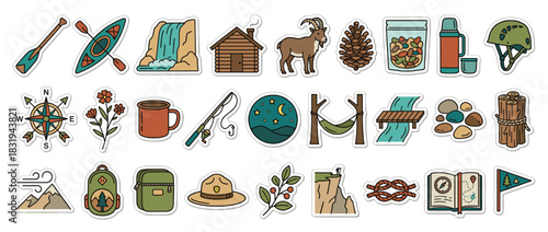 Outdoor adventure icons set. featuring kayak, waterfall, cabin, compass, campfire, hiking, backpack, and more. Vector collection