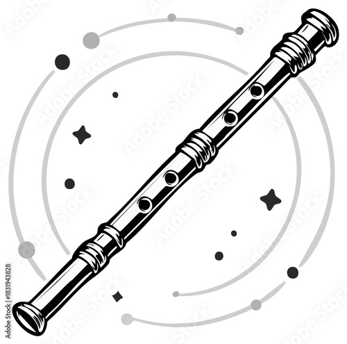 Line Art Recorder Flute with Swirling Musical Notes and Stars