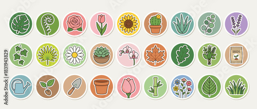 Botanical and gardening icon set. containing monstera, fern, rose, sunflower, cactus, aloe, berries, lavender, ivy and more. Vector collection