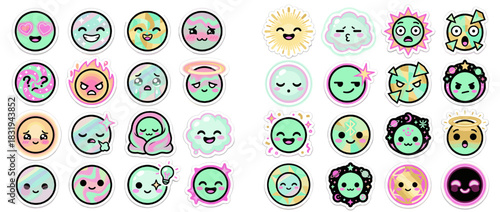 Emoji icon set. containing heart eyes, angry face, halo, ghost, wink, sun, cloud, sleepy face, surprised, and more. Vector collection