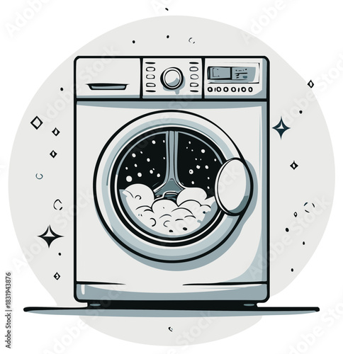Modern Washing Machine with Frothy Bubbles and Sparkling Clean Effect