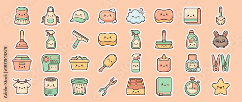 Cute home and cleaning icon set. containing broom, sponge, soap, detergent, spray, plunger, mop, scrub, candle, stars. Vector collection