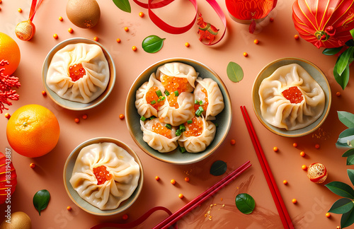 Wallpaper Mural Festive asian dumplings with caviar and traditional decorations Torontodigital.ca