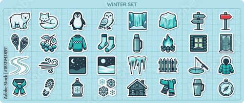 Winter icon set. containing bear, fox, penguin, owl, ice, sign, sweater, fire, window, snow, and more. Vector collection