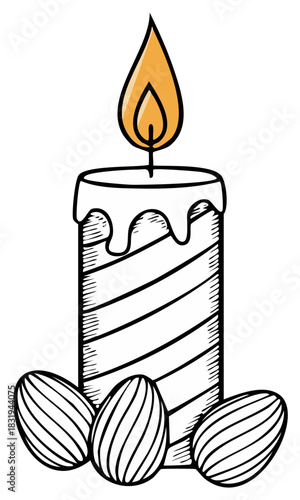 Illustrated burning Easter candle with decorated eggs. Hand drawn holiday coloring book style line art.