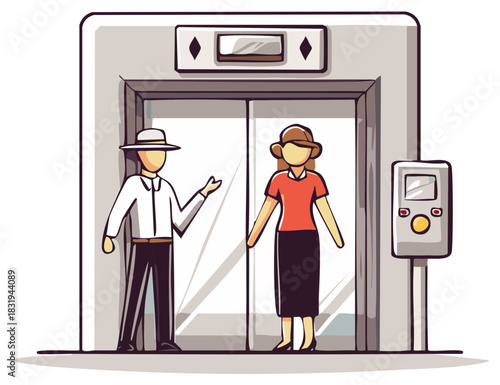 Cartoon elevator scene with two people and an elevator control panel
