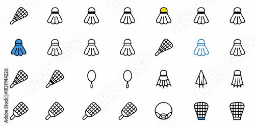Collection of badminton shuttles and rackets in various styles and colors on a white background design vector