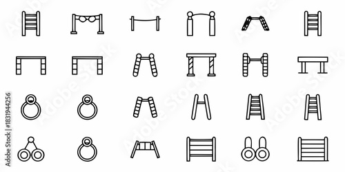 Line art illustration showcasing various playground equipment designs in a structured arrangement
