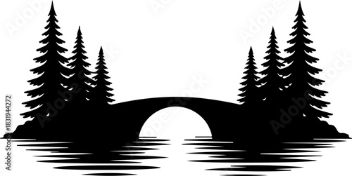 Pine trees and arch bridge silhouette vector illustration