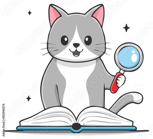 Adorable Cartoon Cat Reading an Open Book and Holding Magnifying Glass Discovery