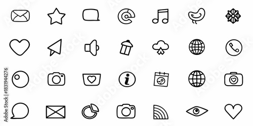Collection of various outline icons including email star speech bubble music note and social media elements