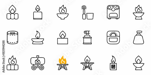 Illustration of various lighting and fire related objects in a simple line drawing style design