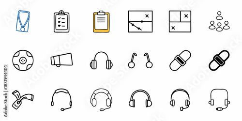 Illustration showing a collection of various icons including sport and office related objects and devices